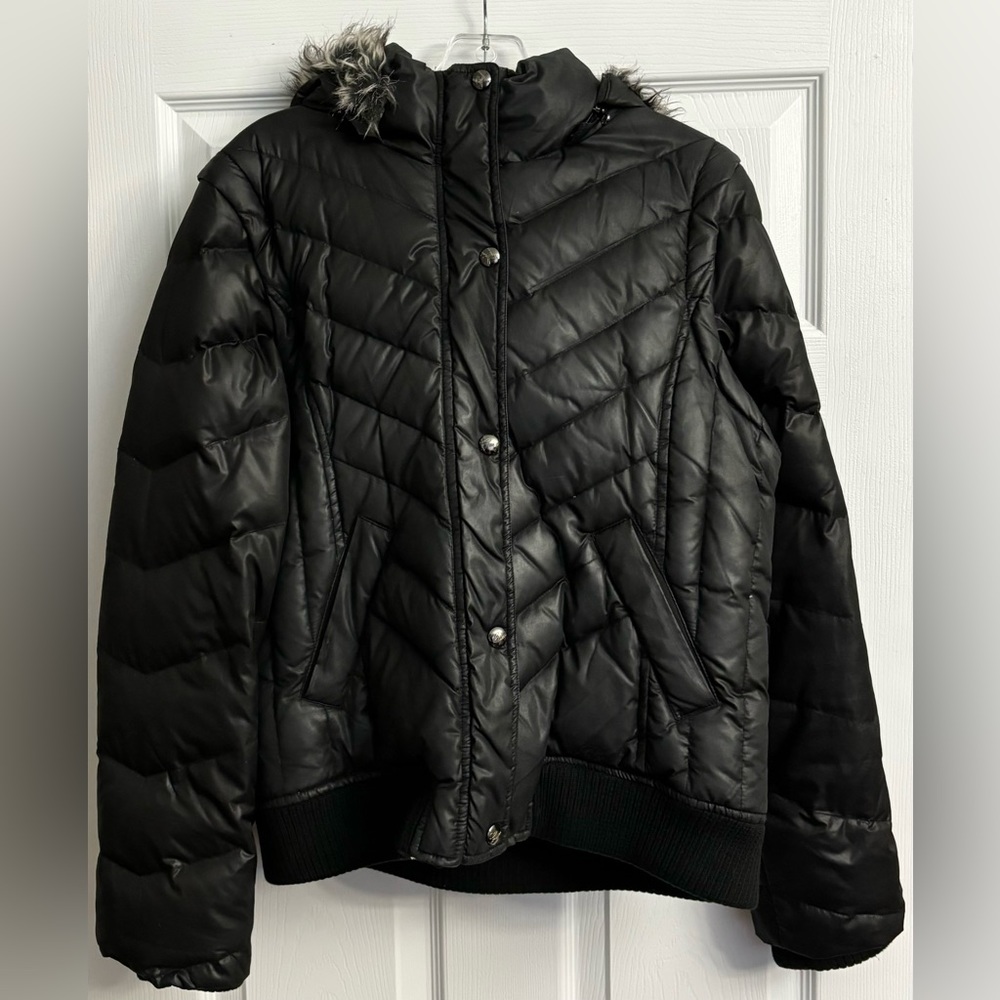 Guess 2 In 1 Puffer Coat/Vest Black W/Faux Fur on Hood Size Small